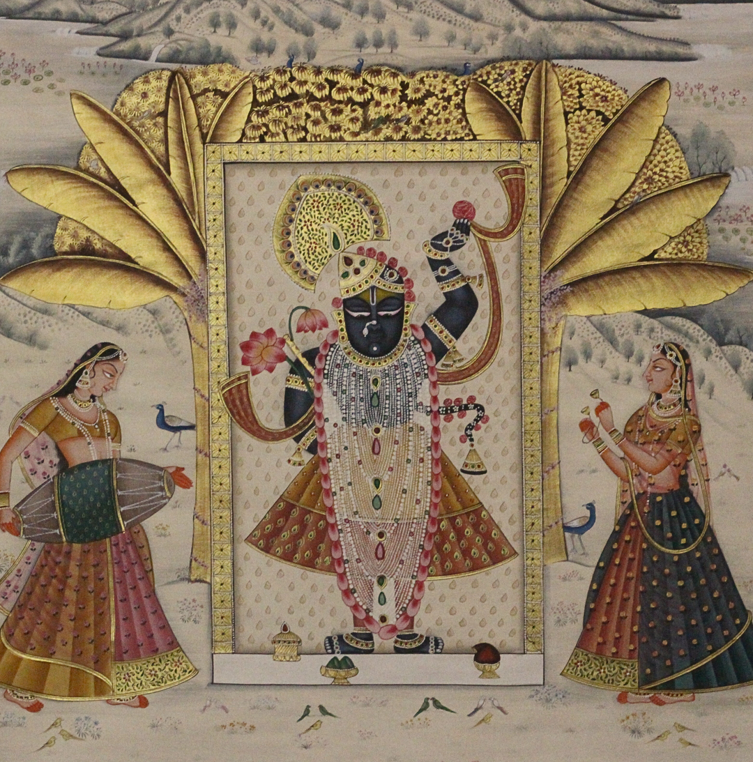 Shrinathji with Gopis – Pichwai Devotional Garden Scene