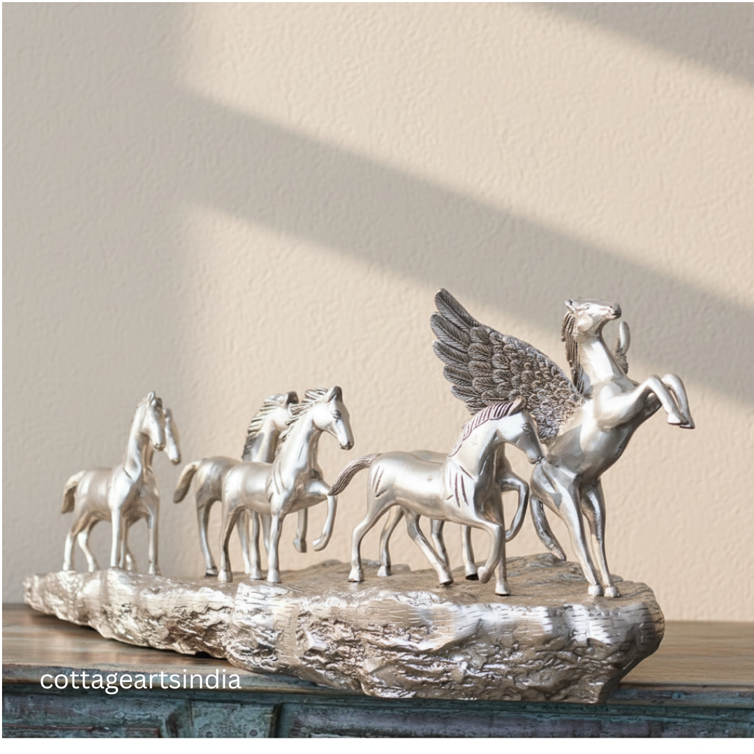 Silver Plated Brass 7 Horse Statue | Vastu Horse Sculpture for Home Décor