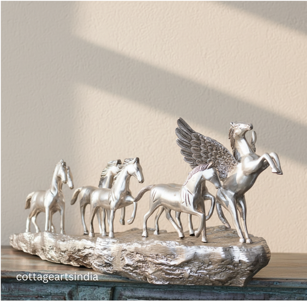 Silver Plated Brass 7 Horse Statue | Vastu Horse Sculpture for Home Décor