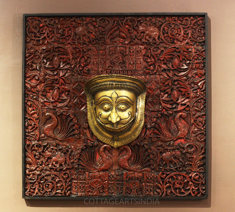 Wooden Carved Wall Hanging With Brass Shiva Mask