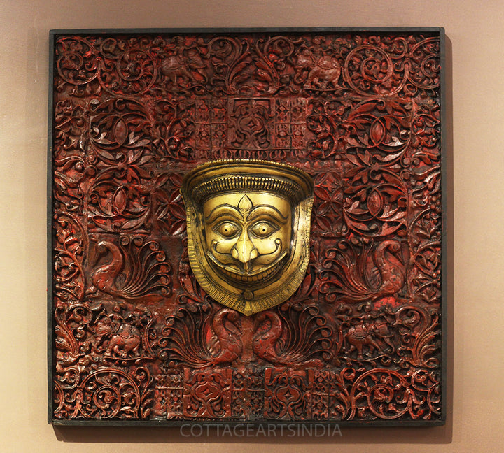 Wooden Carved Wall Hanging With Brass Shiva Mask