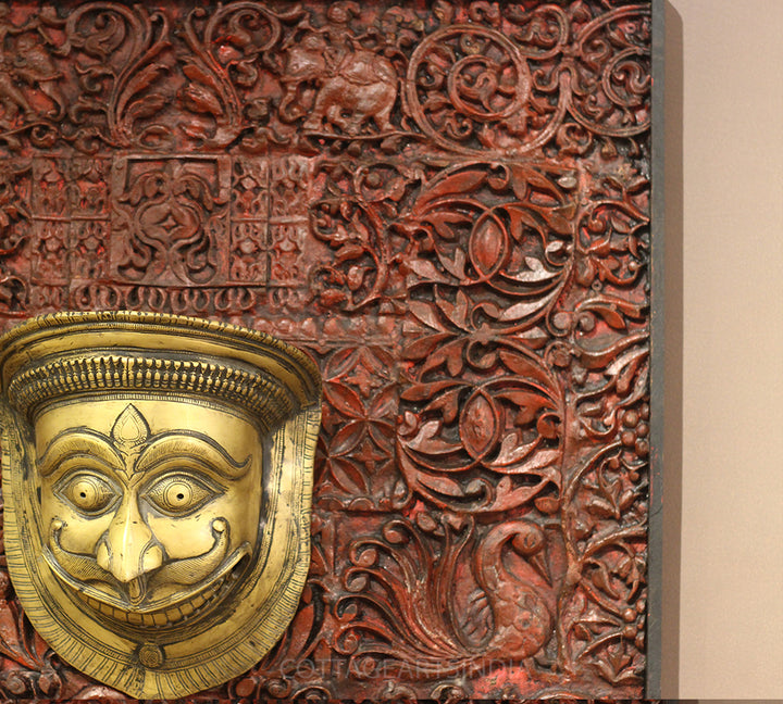Wooden Carved Wall Hanging With Brass Shiva Mask