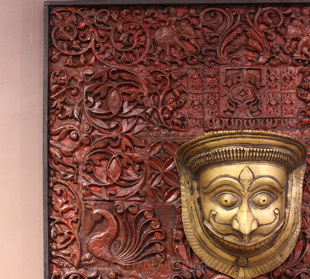 Wooden Carved Wall Hanging With Brass Shiva Mask