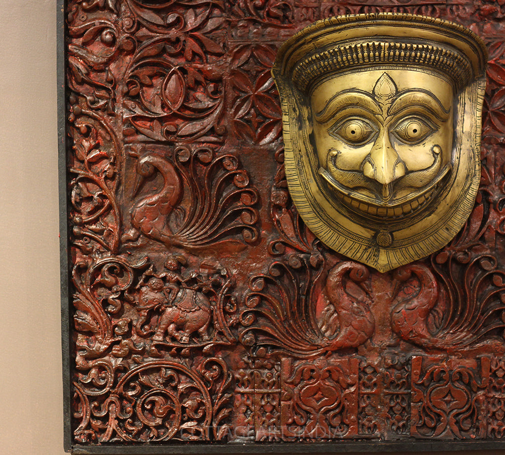 Wooden Carved Wall Hanging With Brass Shiva Mask