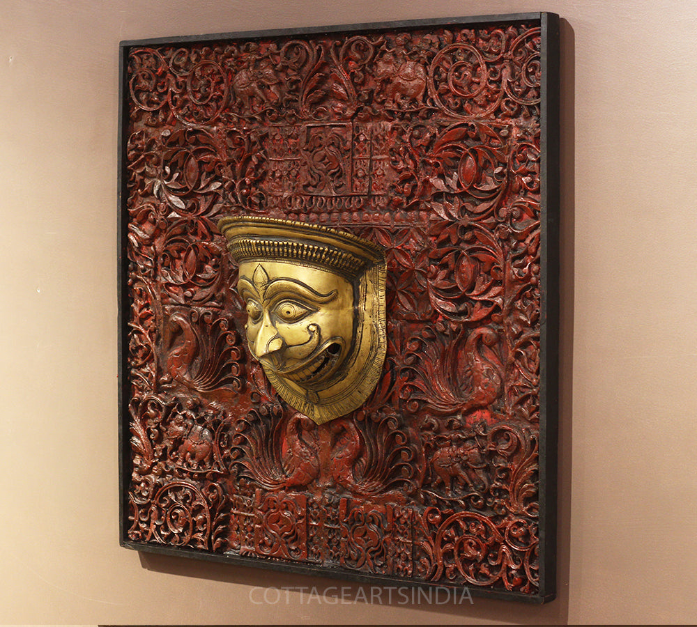 Wooden Carved Wall Hanging With Brass Shiva Mask