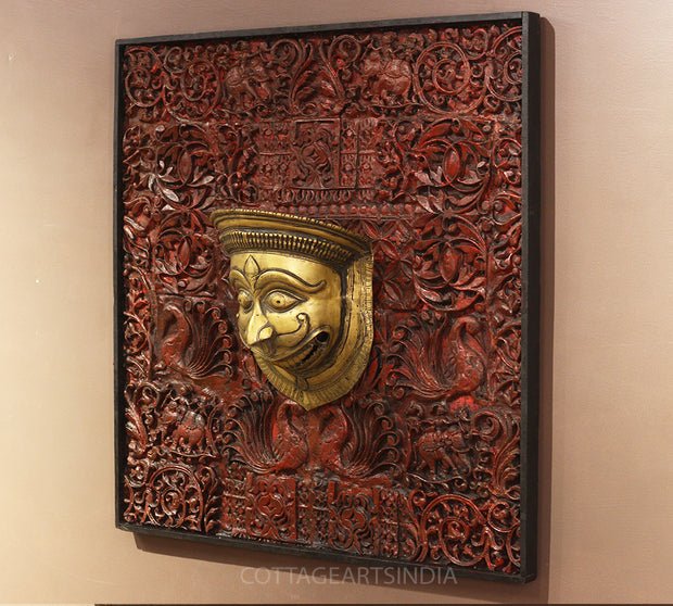Wooden Carved Wall Hanging With Brass Shiva Mask