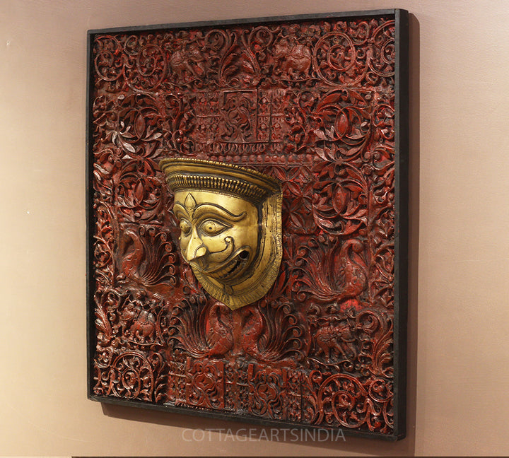 Wooden Carved Wall Hanging With Brass Shiva Mask