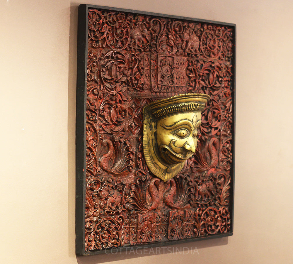Wooden Carved Wall Hanging With Brass Shiva Mask