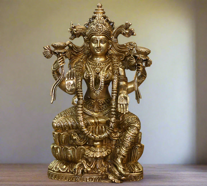 Brass Laxmi Seated On Lotus -Exceptional Fine Carving