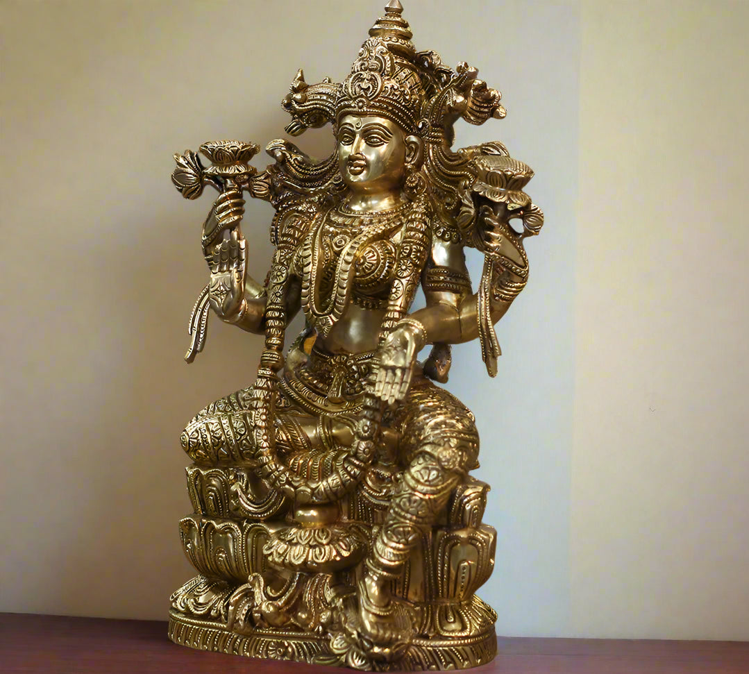 Brass Laxmi Seated On Lotus -Exceptional Fine Carving
