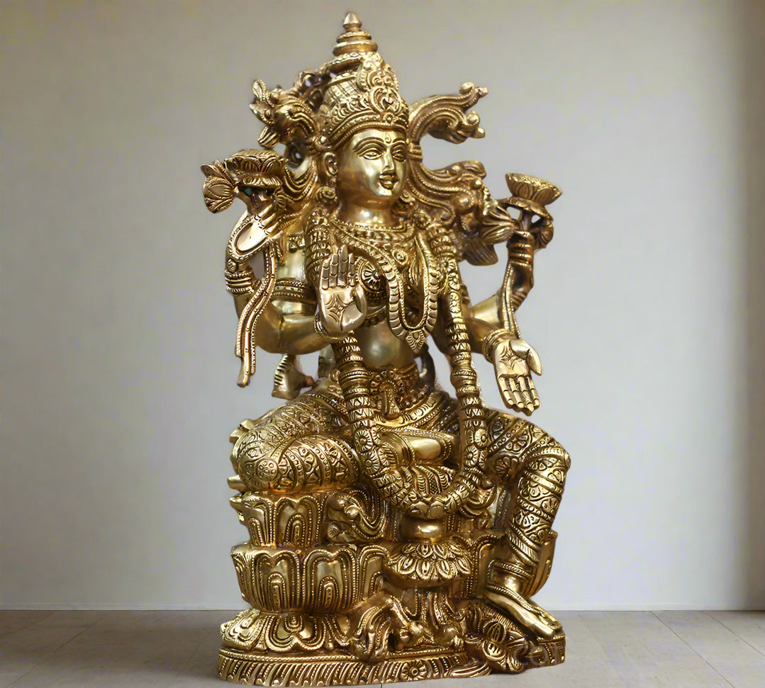 Brass Laxmi Seated On Lotus -Exceptional Fine Carving