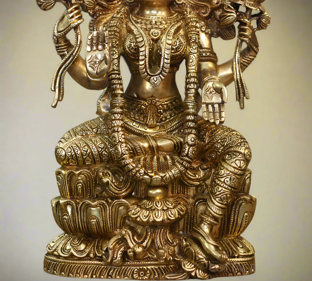 Brass Laxmi Seated On Lotus -Exceptional Fine Carving