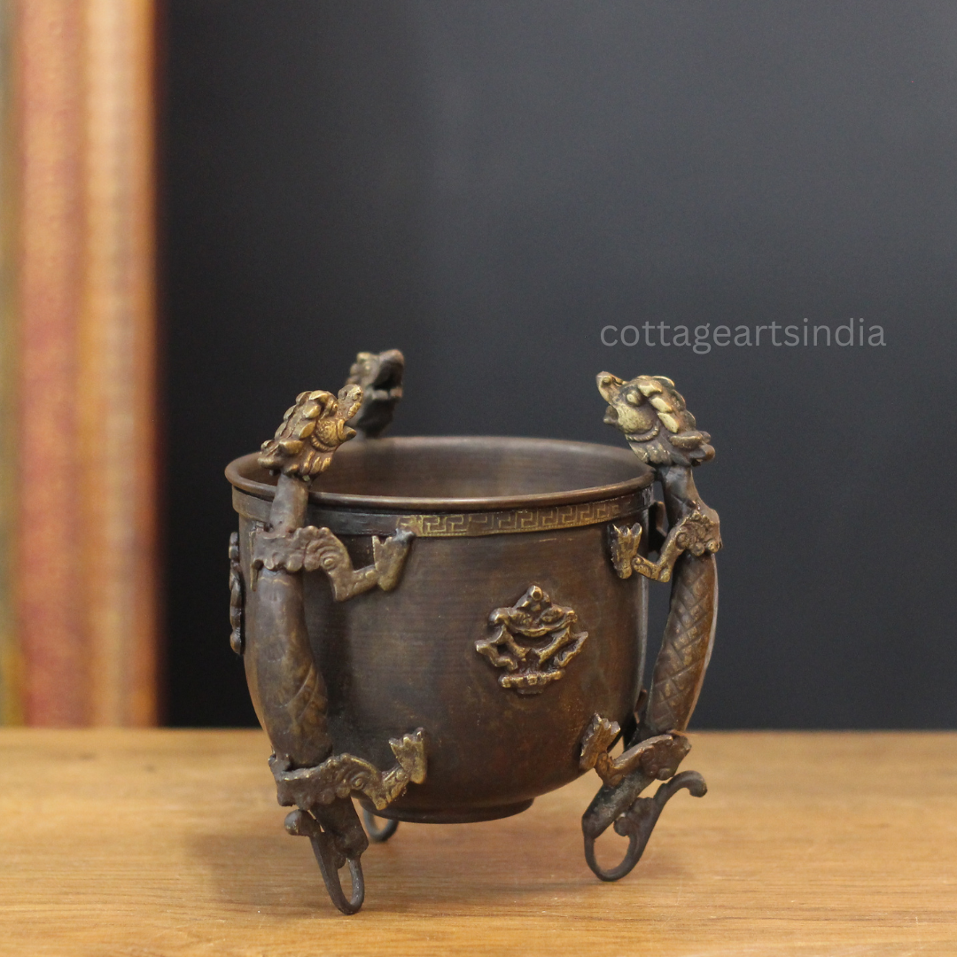 Antique Finish Brass Tibetan Bowl with Dragon Motifs