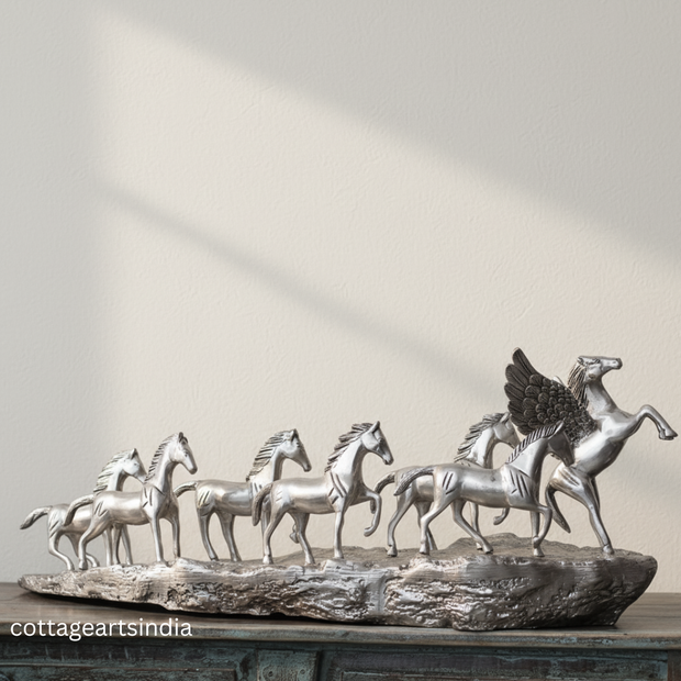 Silver Plated Brass 7 Horse Statue | Vastu Horse Sculpture for Home Décor