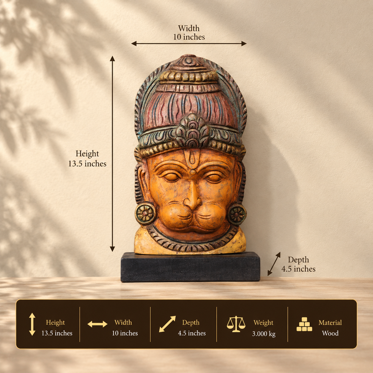 Wooden Hanuman Mask on Stand 12"