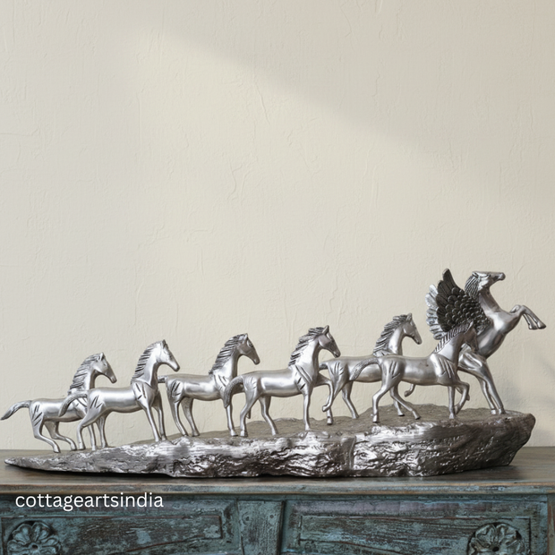 Silver Plated Brass 7 Horse Statue | Vastu Horse Sculpture for Home Décor