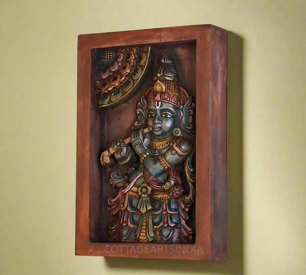 Wooden Framed Krishna Wall Hanging