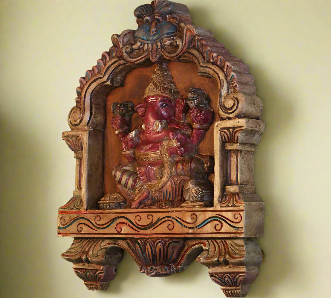 Wood Kavadi Framed Ganesha Hand Painted Wall Hanging