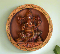 Wooden Painted  Ganesh in Round Frame Wall Hanging