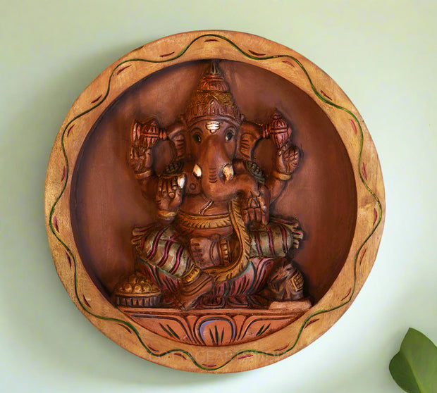 Wooden Painted  Ganesh in Round Frame Wall Hanging