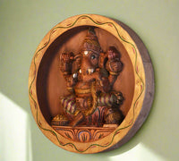 Wooden Painted  Ganesh in Round Frame Wall Hanging