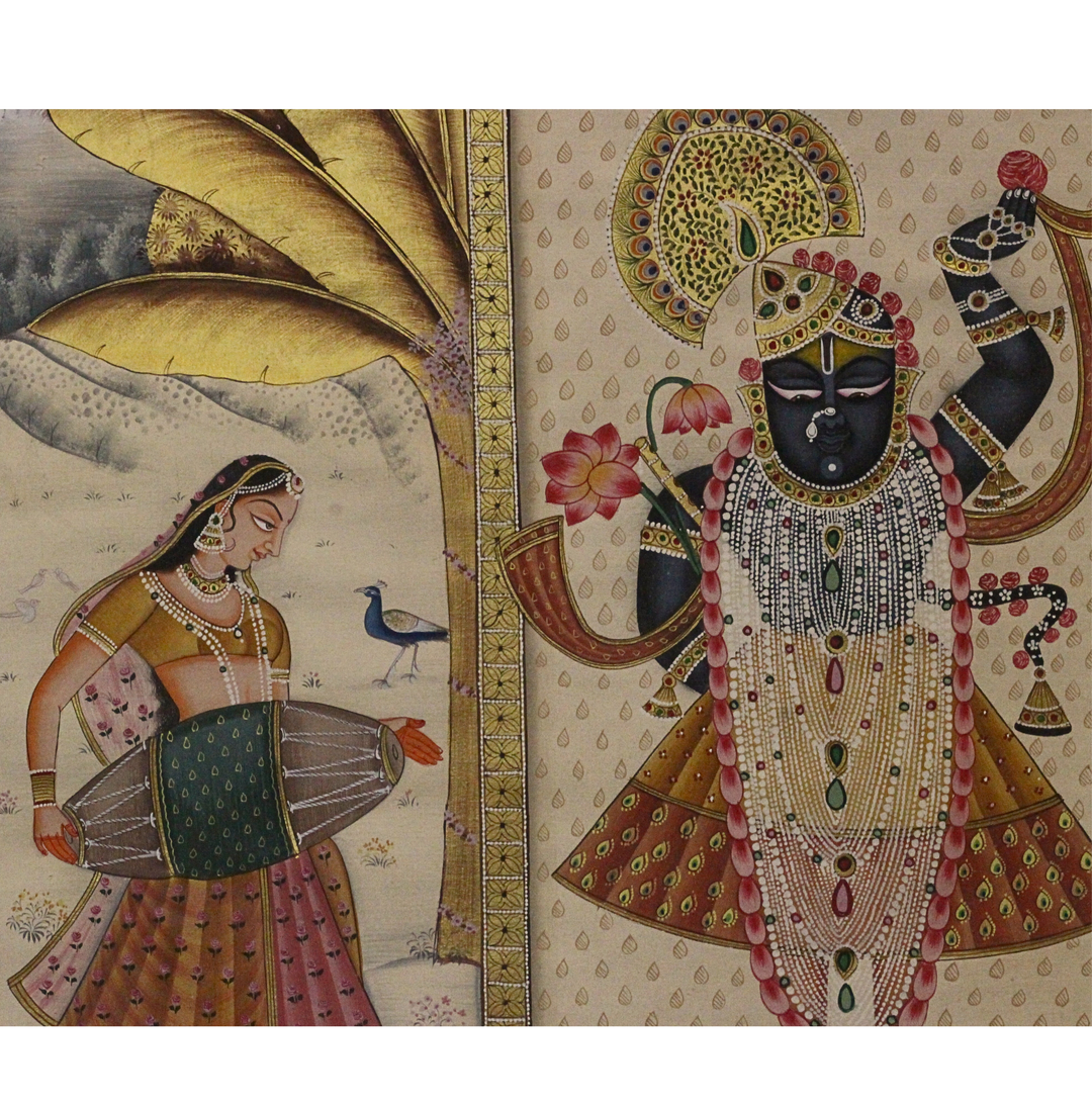 Shrinathji with Gopis – Pichwai Devotional Garden Scene