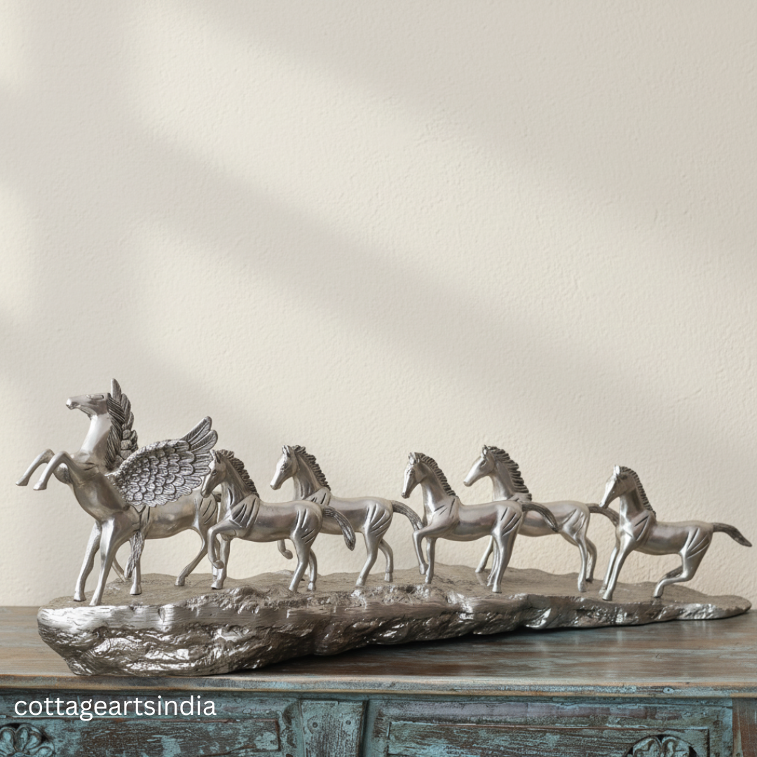 Silver Plated Brass 7 Horse Statue | Vastu Horse Sculpture for Home Décor