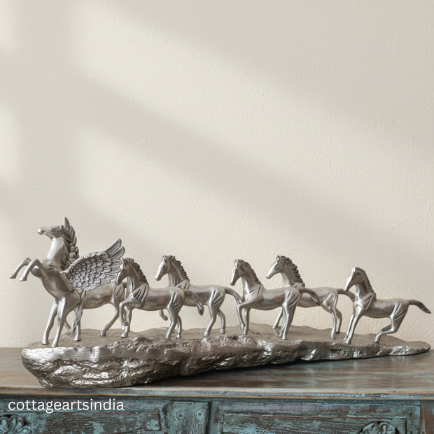 Silver Plated Brass 7 Horse Statue | Vastu Horse Sculpture for Home Décor