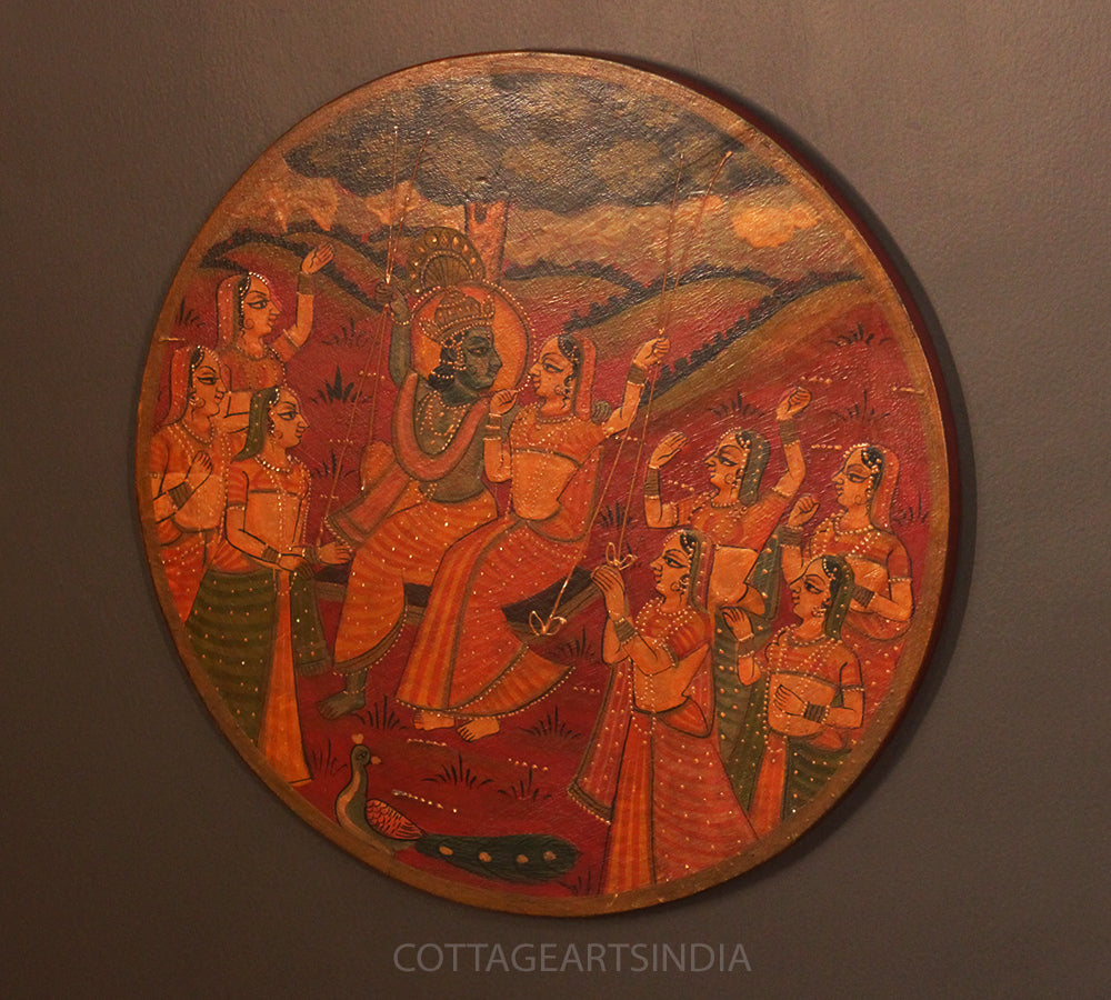 Miniature Painting on Wood -Radha Krishna On Swing