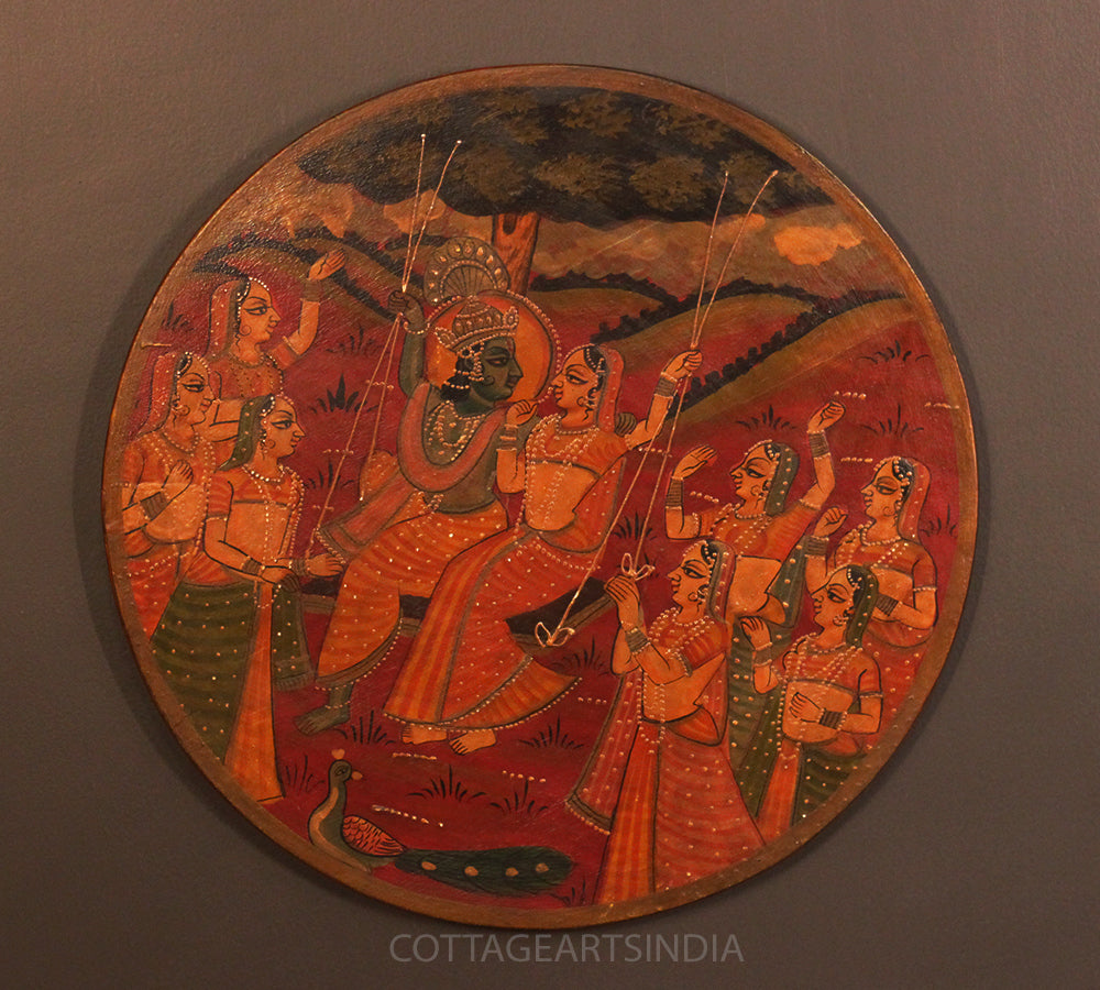 Miniature Painting on Wood -Radha Krishna On Swing