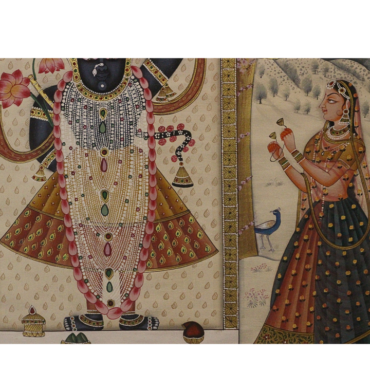 Shrinathji with Gopis – Pichwai Devotional Garden Scene
