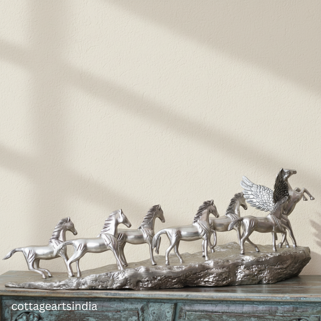 Silver Plated Brass 7 Horse Statue | Vastu Horse Sculpture for Home Décor