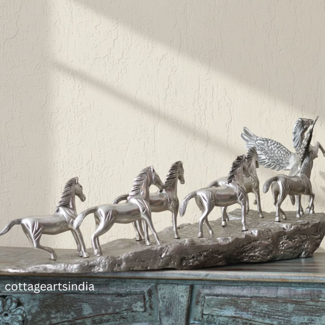 Silver Plated Brass 7 Horse Statue | Vastu Horse Sculpture for Home Décor