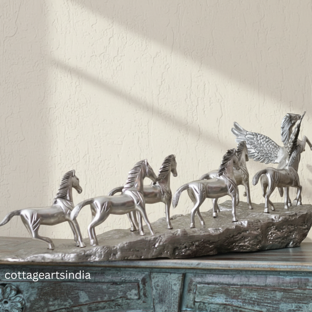 Silver Plated Brass 7 Horse Statue | Vastu Horse Sculpture for Home Décor