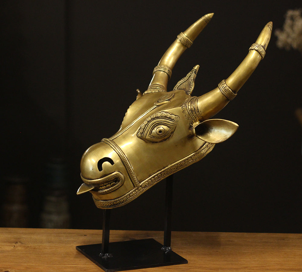 Brass Bull Head On Stand Antique Brass Finish