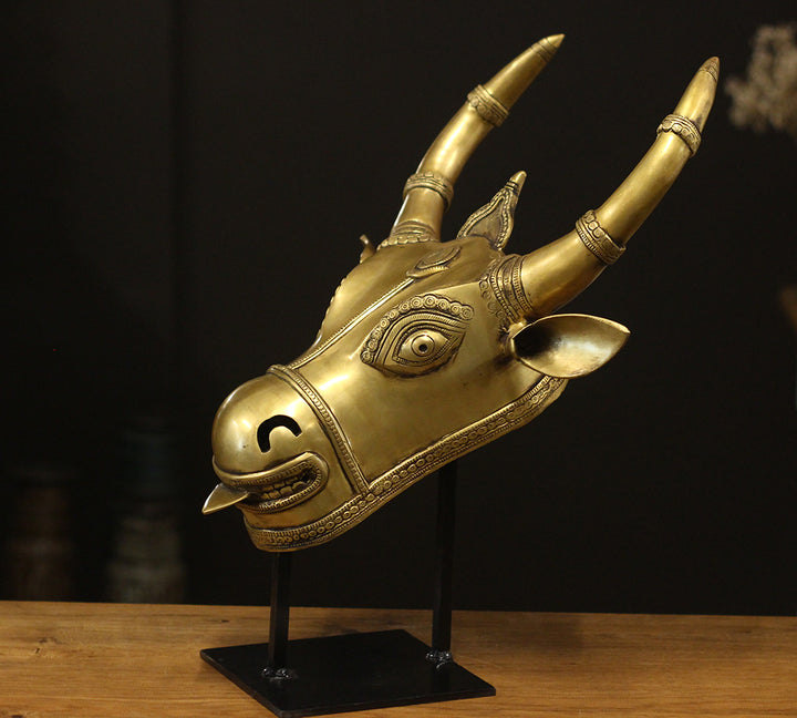 Brass Bull Head On Stand Antique Brass Finish