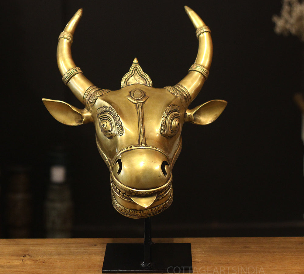 Brass Bull Head On Stand Antique Brass Finish
