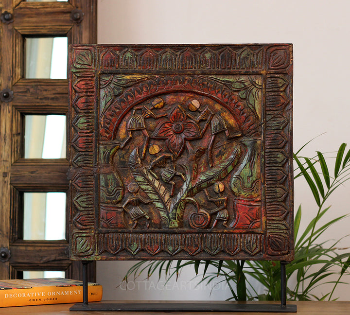 Vintage Tribal Teak Wood Carving Panel | Hand-Carved Folk Art Heritage Décor
