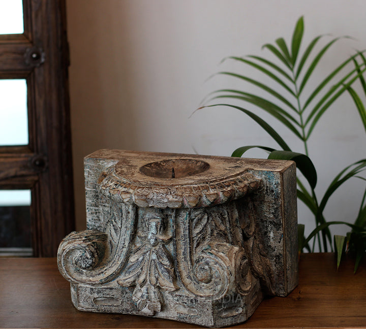 Vintage Teak Wood Haveli Pillar Base | Reclaimed Wooden Pedestal Stand