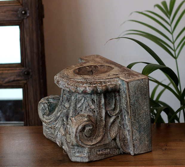 Vintage Teak Wood Haveli Pillar Base | Reclaimed Wooden Pedestal Stand
