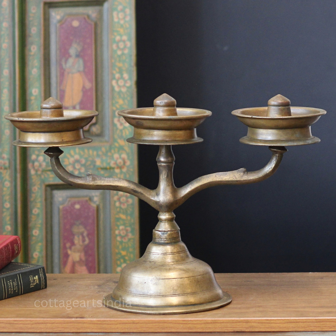 Brass Vintage Kavara Vilakku – 3 Branched Traditional Oil Lamp