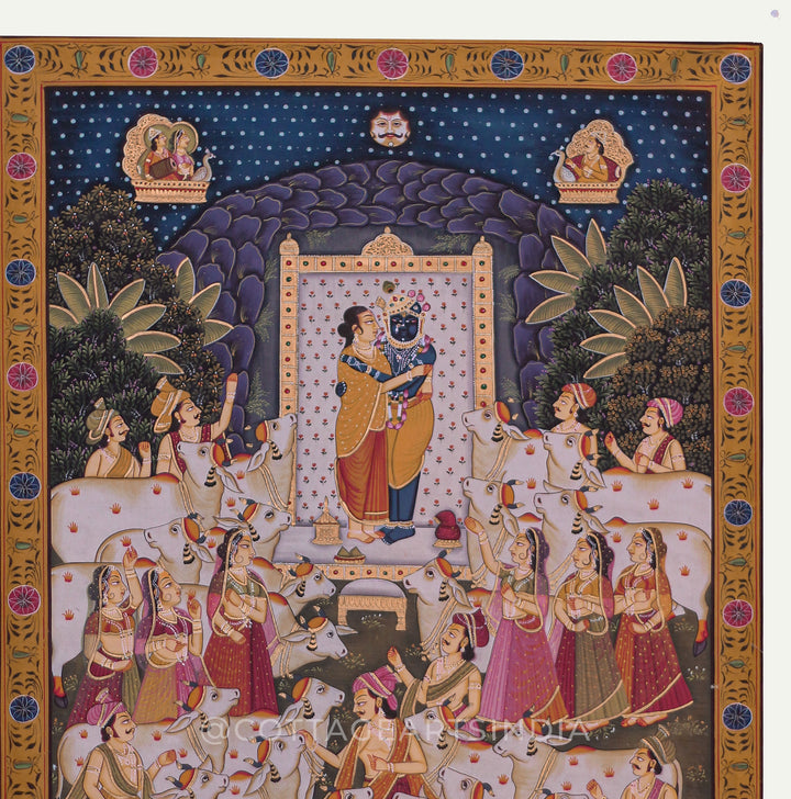 Shrinathji with Swaminiji Amidst Sacred Cows - Devotional Pichwai Painting