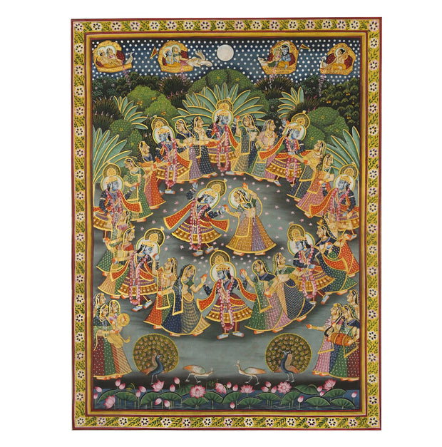 Hand-Painted Maharas Leela Pichwai Painting | Krishna Ras Leela Artwork