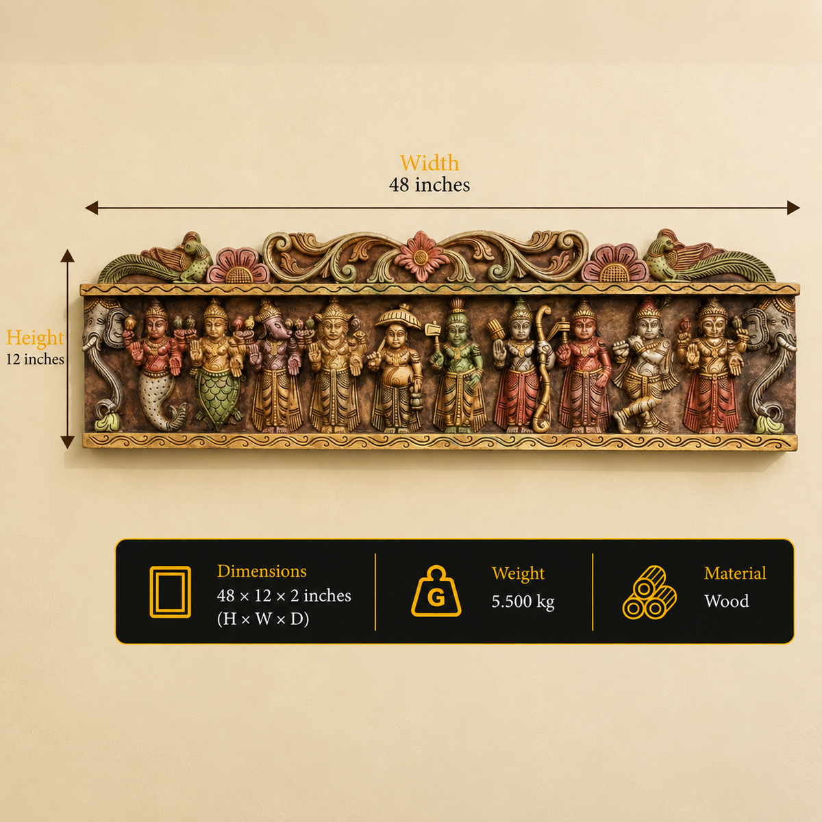 Wooden Handcarved Wall Panel Dasavathar