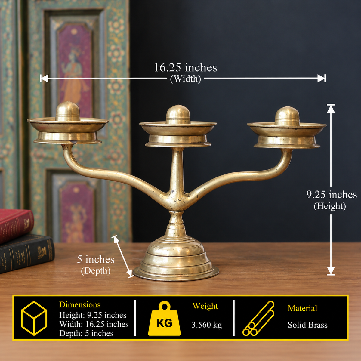 Brass Vintage Kavara Vilakku – 3 Branched Traditional Oil Lamp