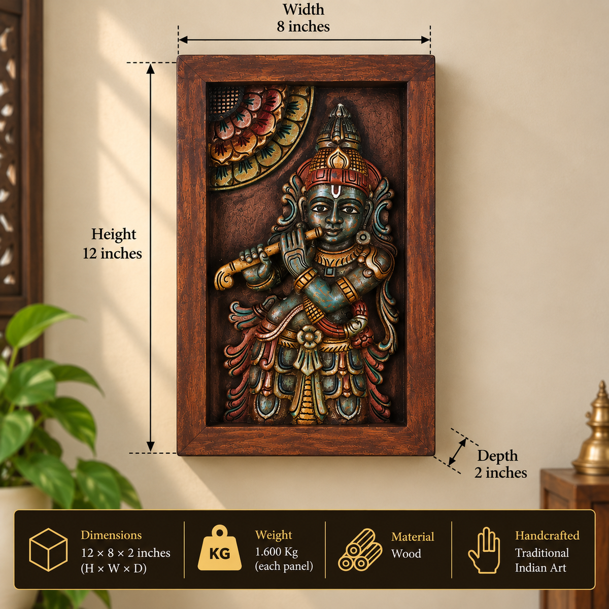Wooden Framed Krishna Wall Hanging