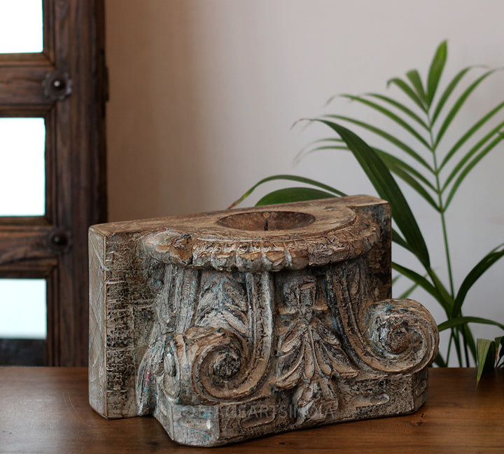 Vintage Teak Wood Haveli Pillar Base | Reclaimed Wooden Pedestal Stand