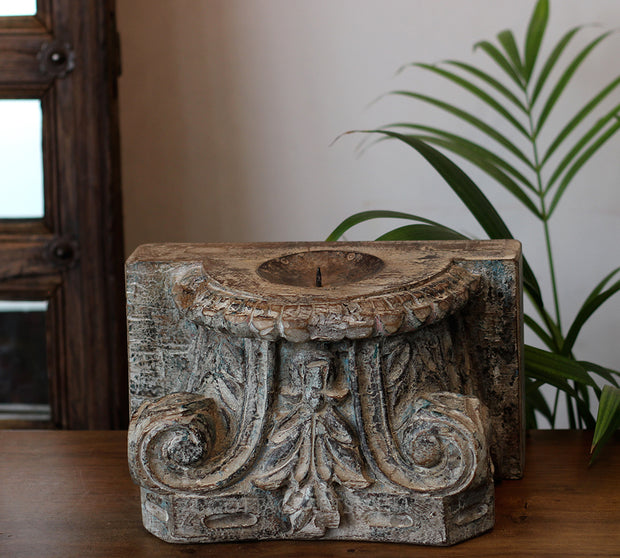 Vintage Teak Wood Haveli Pillar Base | Reclaimed Wooden Pedestal Stand