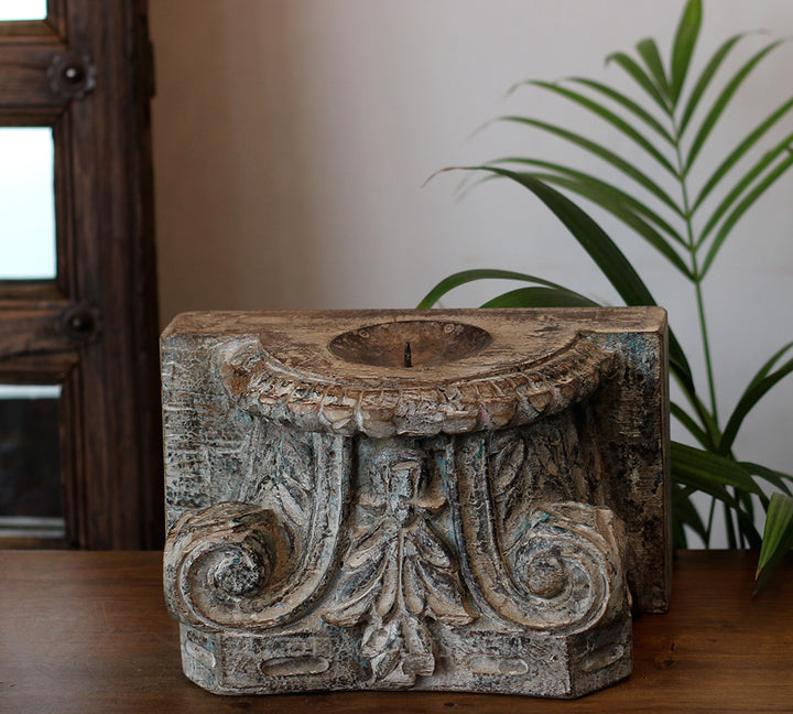 Vintage Teak Wood Haveli Pillar Base | Reclaimed Wooden Pedestal Stand