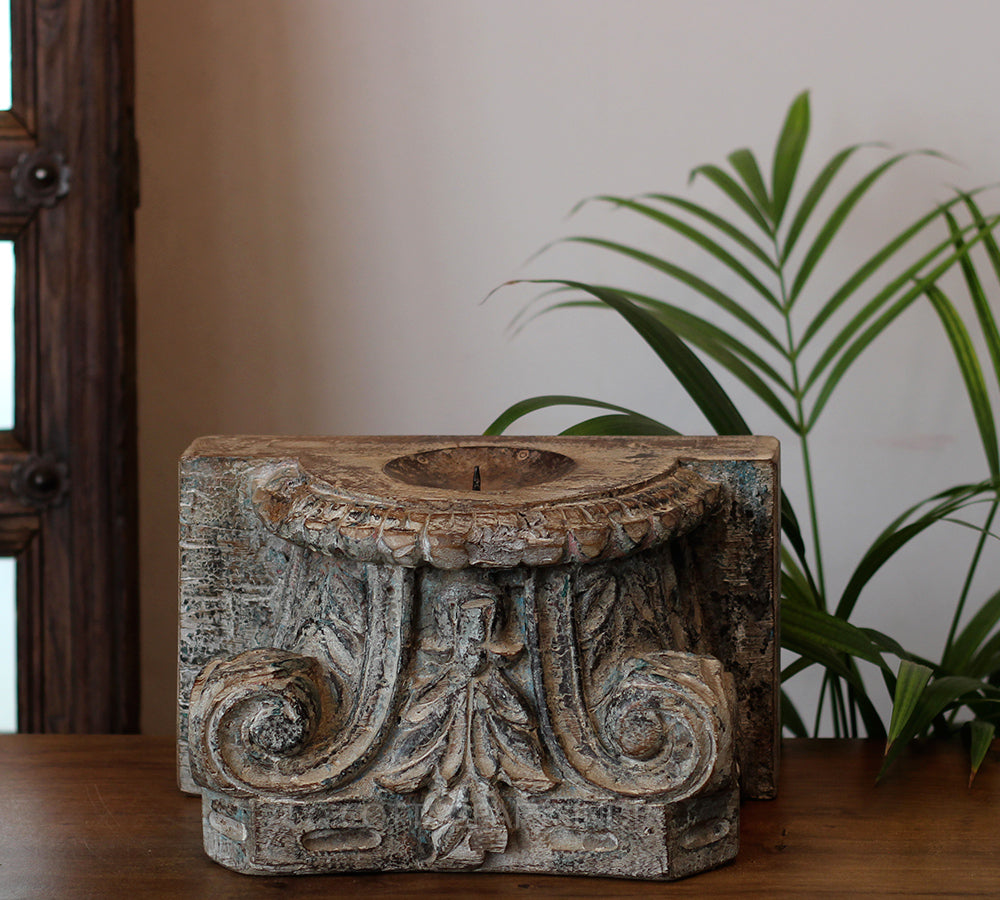 Vintage Teak Wood Haveli Pillar Base | Reclaimed Wooden Pedestal Stand